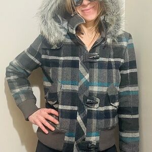 Le Chateau plaid wool-blend coat featuring toggles and a hooded design.